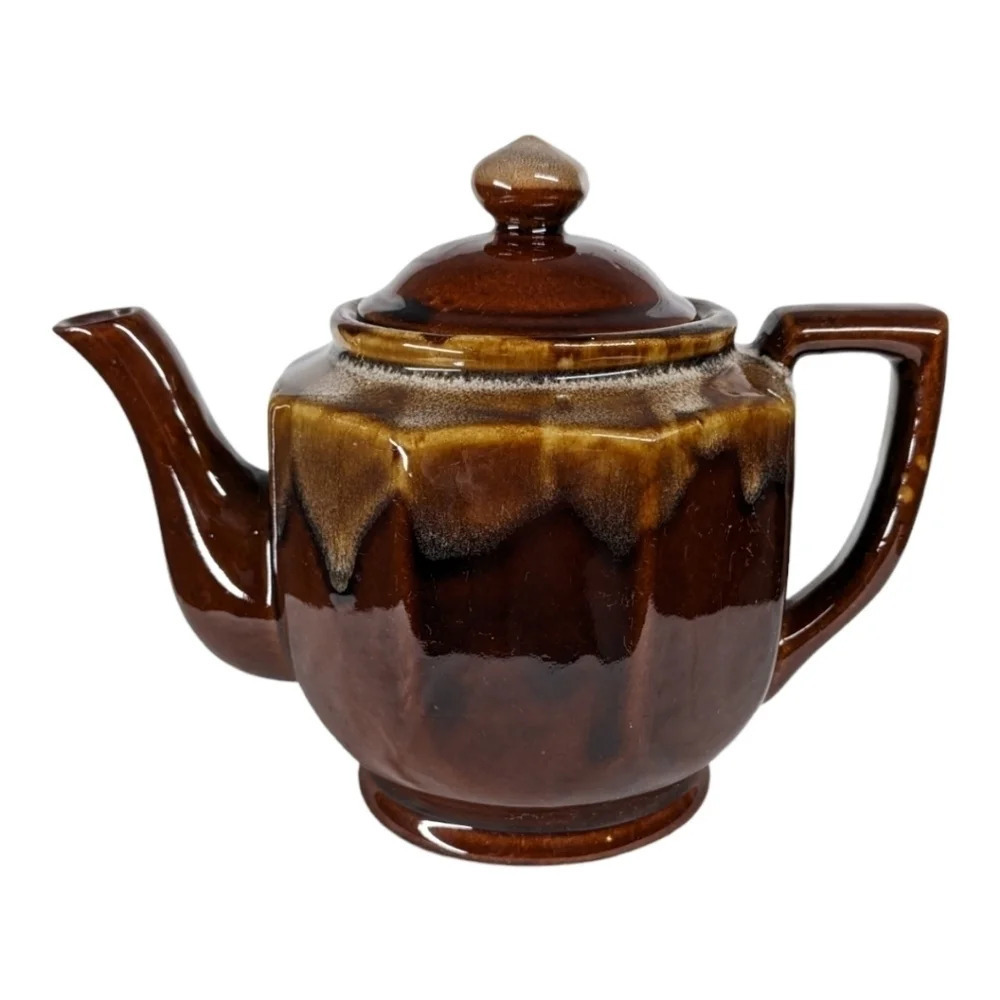 Vintage Retro  Octagonal Teapot 4 Cups 3-Tone Brown Drip Glaze